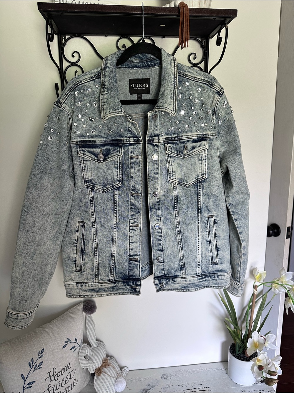GUESS Light Acid Wash Blue Denim Jacket with Rhinestones